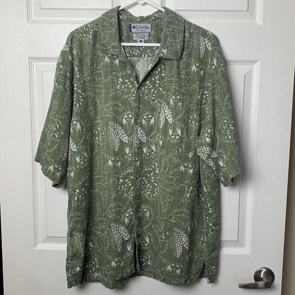 Columbia Sportswear Men’s Large Green White Short Sleeve Shirt Leaf Print - Picture 1 of 7